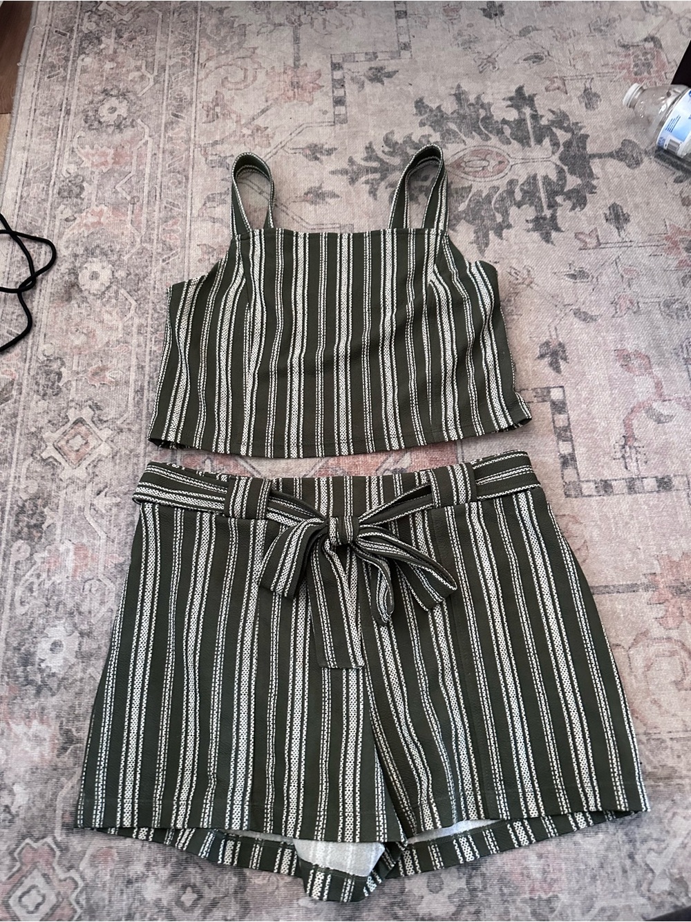 No Boundaries Olive & White Striped Tie-Waist Crop Top Set